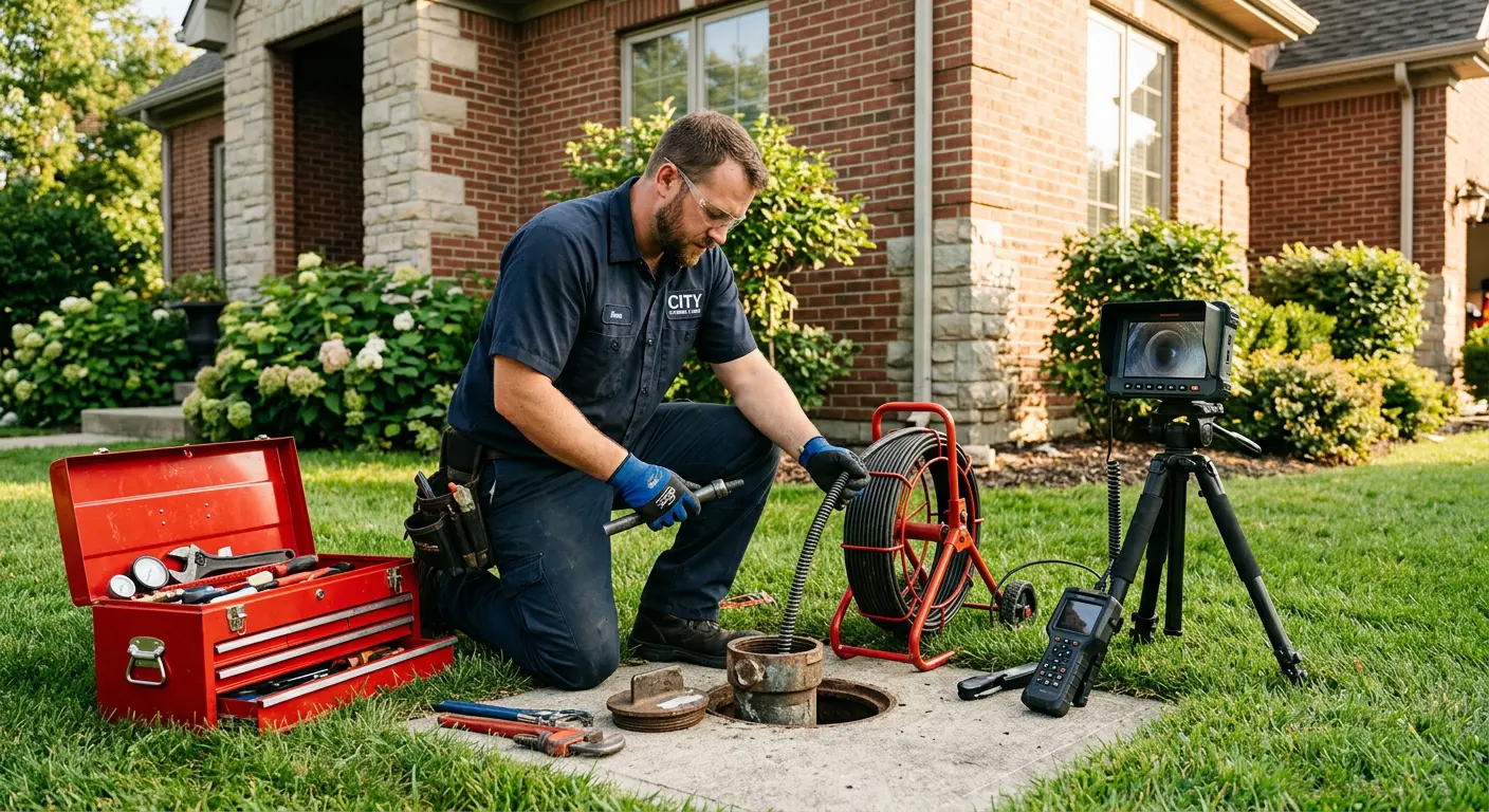 Sewer specialist with camera equipment servicing a cleanout in Fayetteville