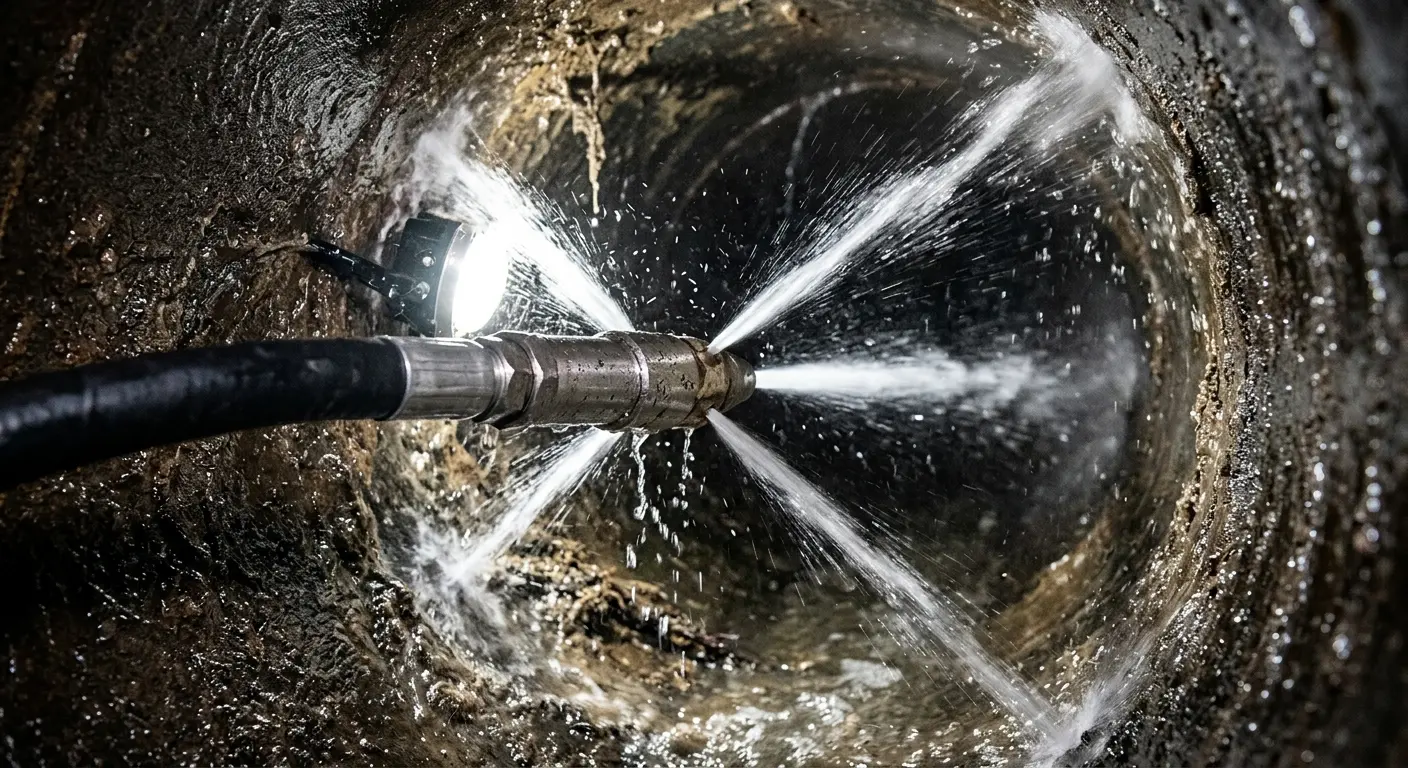 High-pressure hydro jetting nozzle cleaning sewer pipe for Trenchless Sewer Repair in Fayetteville