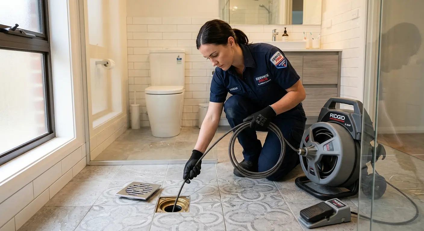 Technician clearing a bathroom floor drain for Clogged Drain Repair in Fayetteville